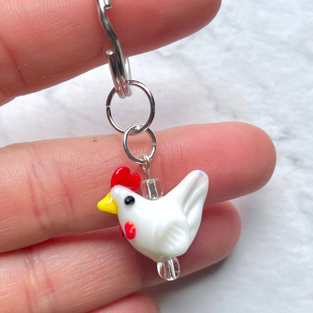 Ceramic White and Red Rooster Charm Key Chain